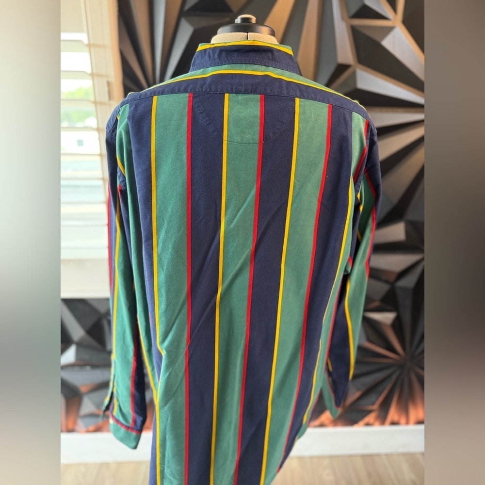 Polo by Ralph Lauren Men's Green and Navy Striped Shirt - Picture 3 of 3
